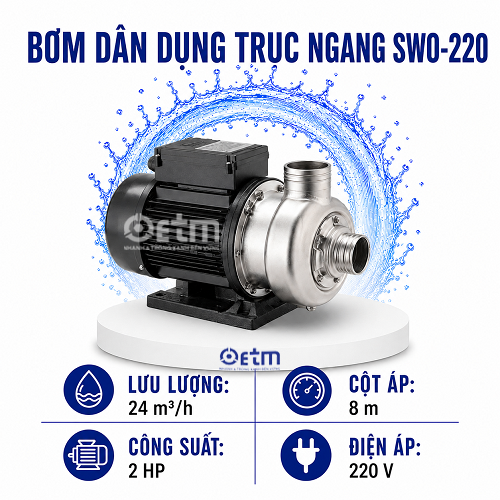 BƠM DÂN DỤNG TRỤC NGANG ĐẦU INOX, THÂN BĂNG GANG SWO-220
